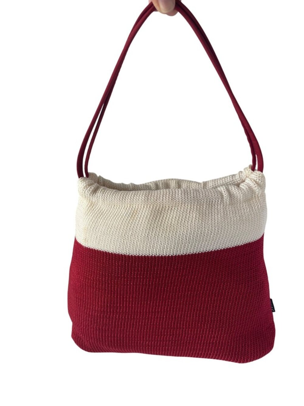 The Sak Hobo Purse Handbag Tote Red White Colorblock Nylon Knit Casual